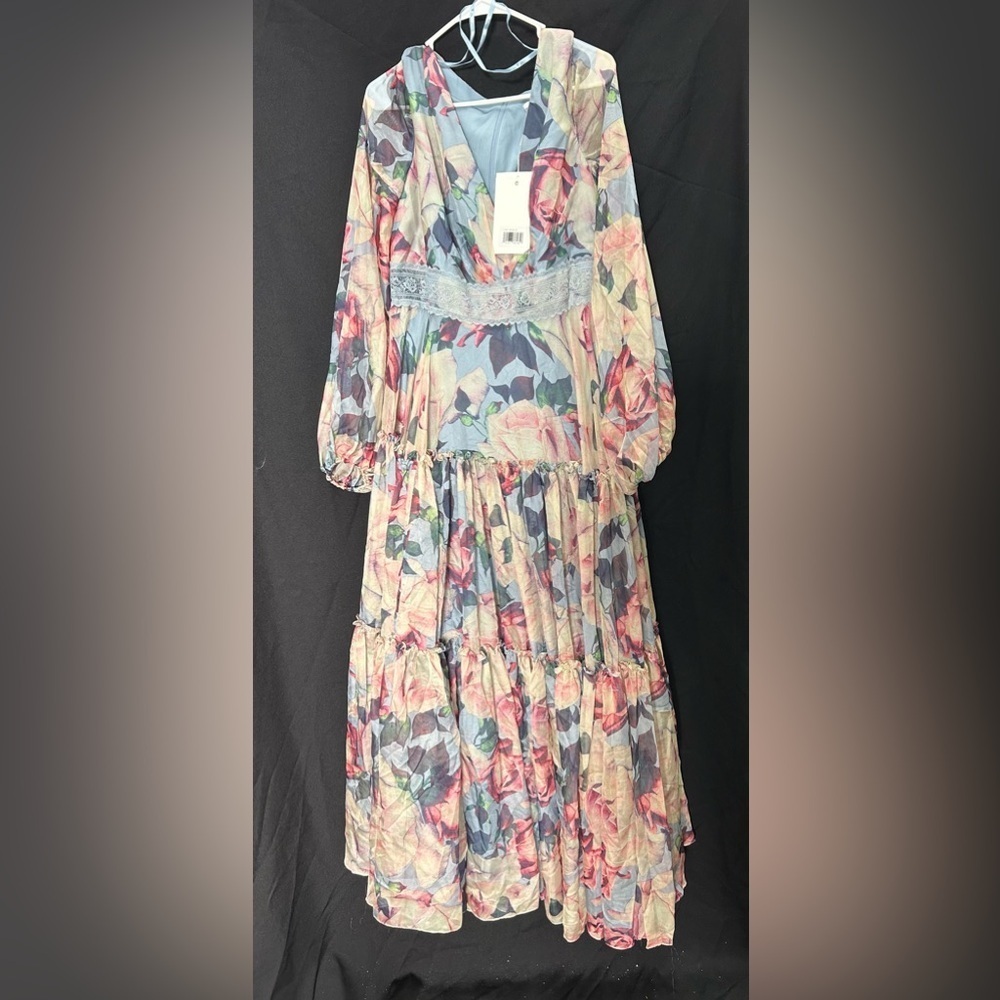 Mac Duggal Pastel Floral Maxi Dress with Lace Waist - Picture 5 of 7